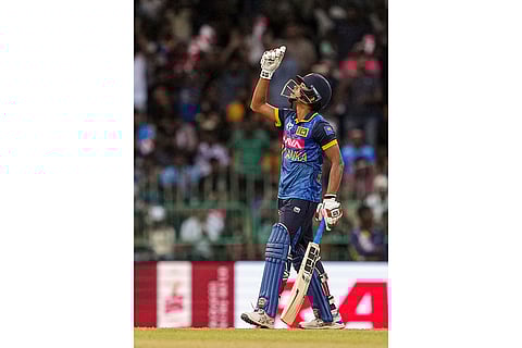 Dunith Wellalage celebrates his half century against India